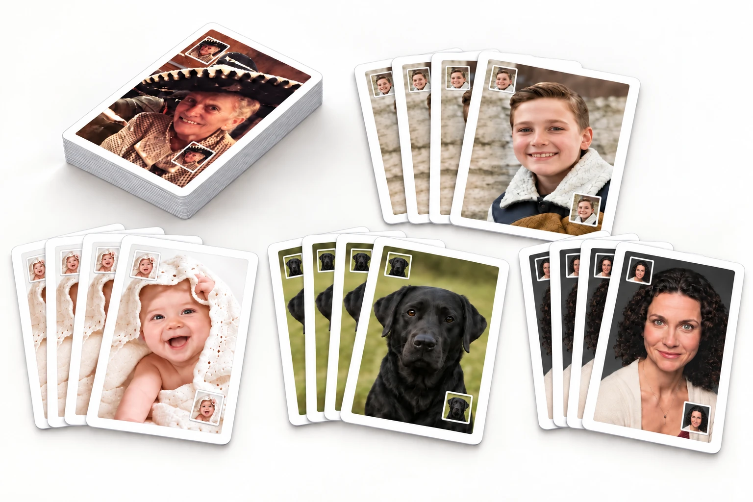 A Classic PhotoMatchFun deck beside four-card stacks of matching boy, baby, dog, and woman photos, with white borders and matching corner thumbnails