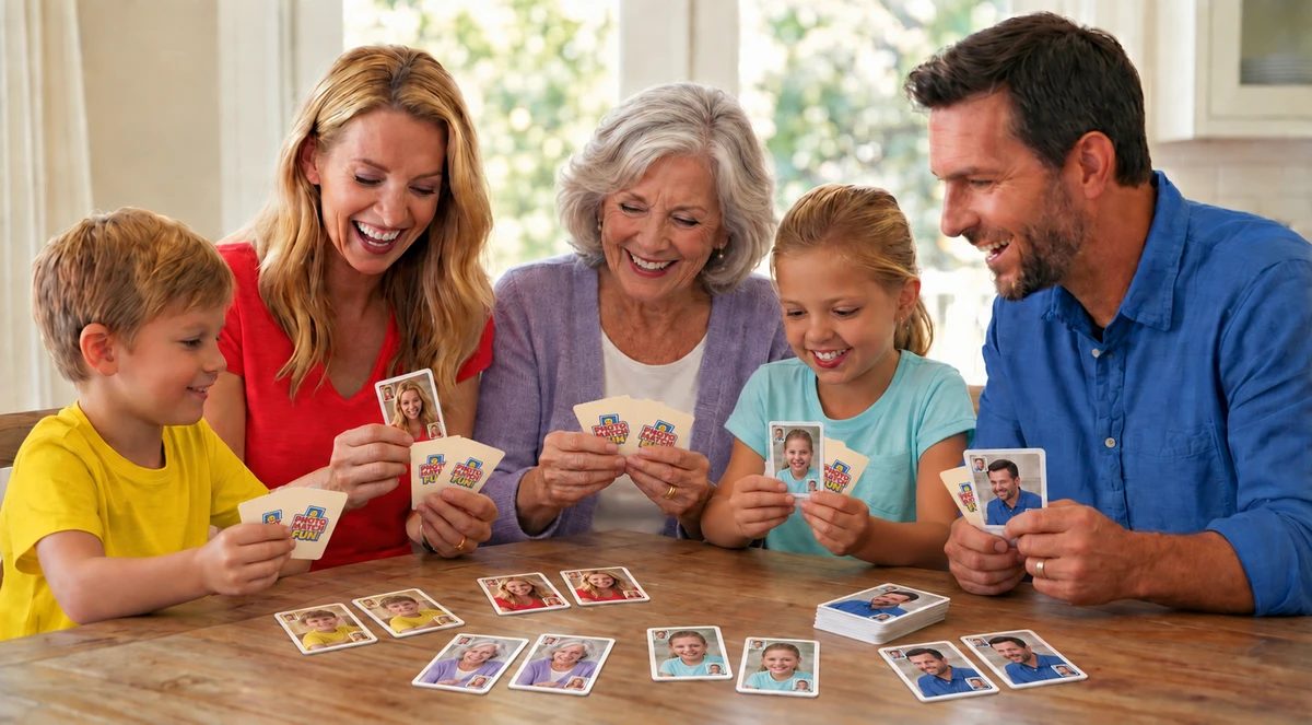 Grandmother and family playing with matching photos of themselves on white-bordered cards with tan PhotoMatchFun logo backs