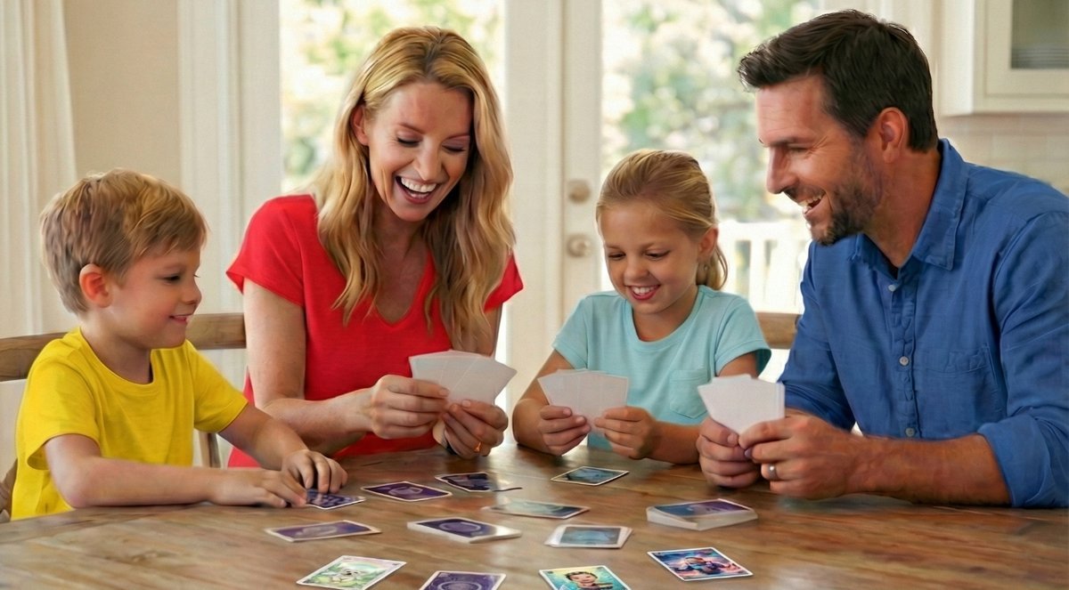 Family playing a photo match card game together