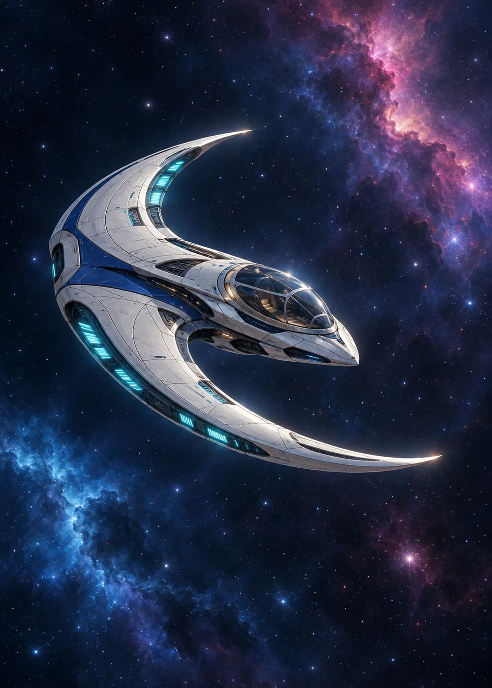 Crescent-shaped blue and white starship with turquoise engine lights