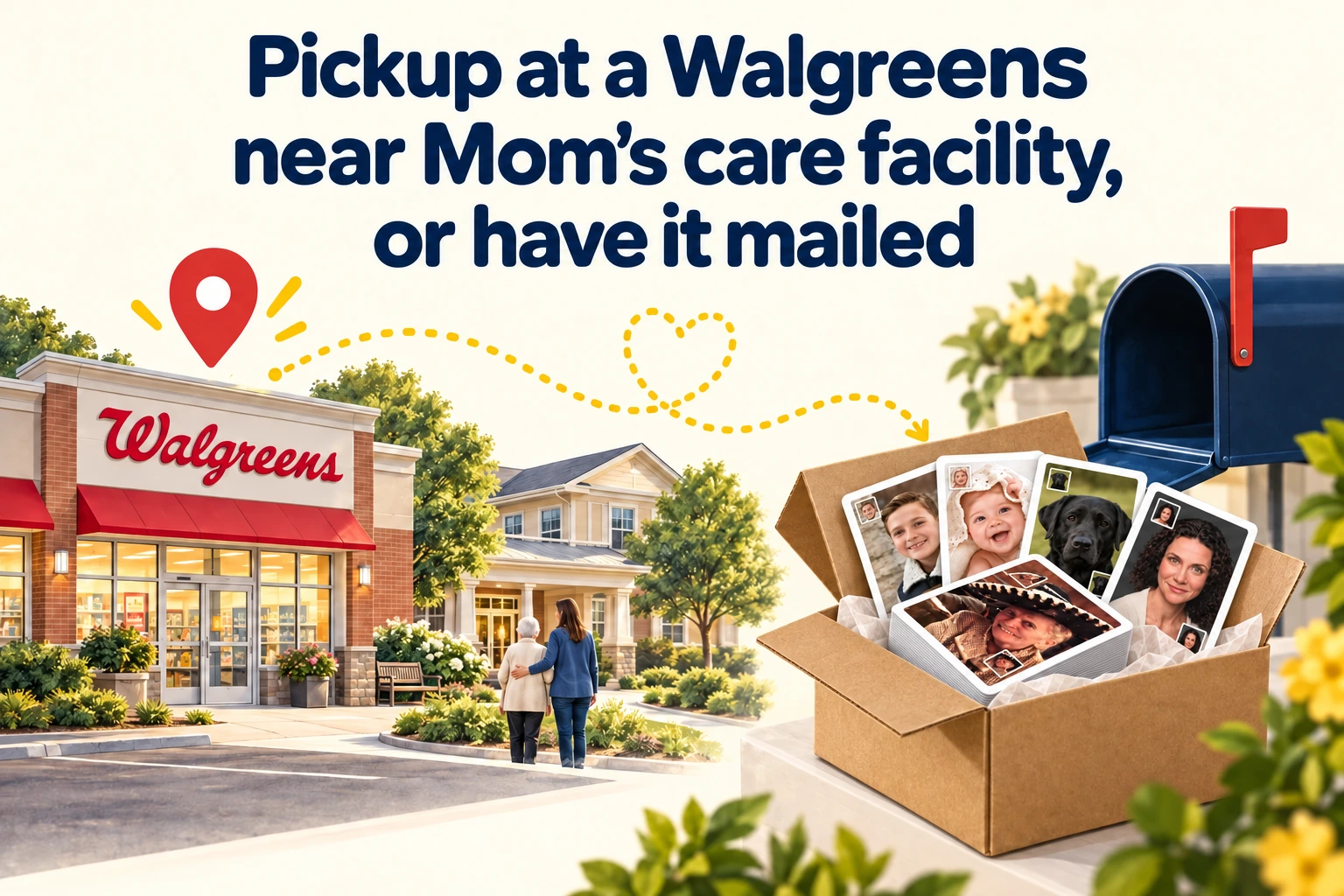 Pickup at a Walgreens near Mom's care facility, or have it mailed. A Walgreens beside a care residence and a shipping box containing the PhotoMatchFun Classic card deck beside a mailbox.